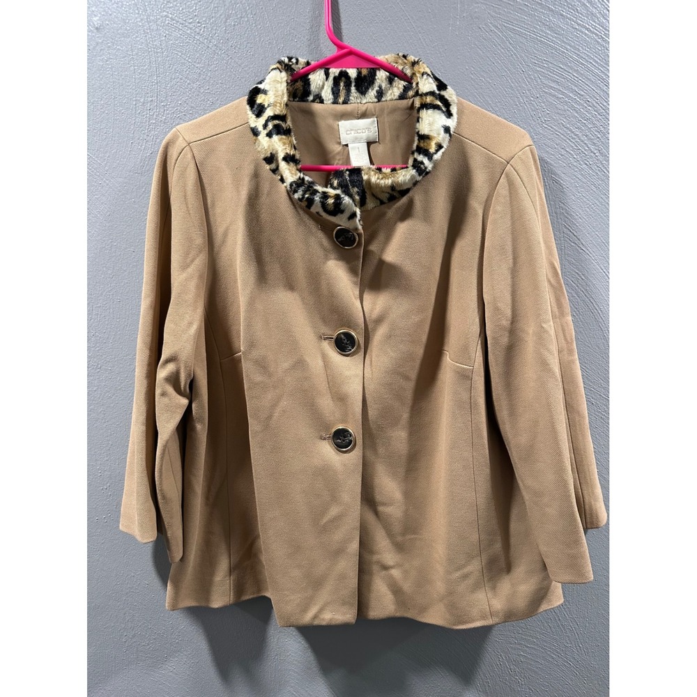 Chico's Tan Blazer Jacket Leopard Faux Fur Collar Button Front Size 1 Medium
